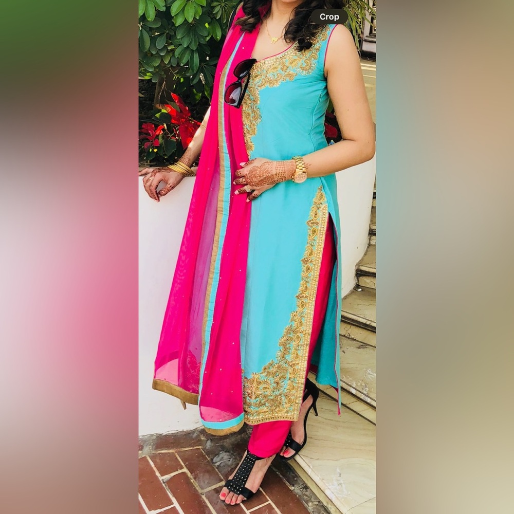 Blue and Pink silk Punjabi Kameez Dress with Gold Embroidery Indian outfit